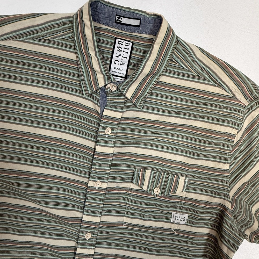 Billabong Shirt Mens XL Stripe Button Up Shirt SS Green Beige 100% Cotton